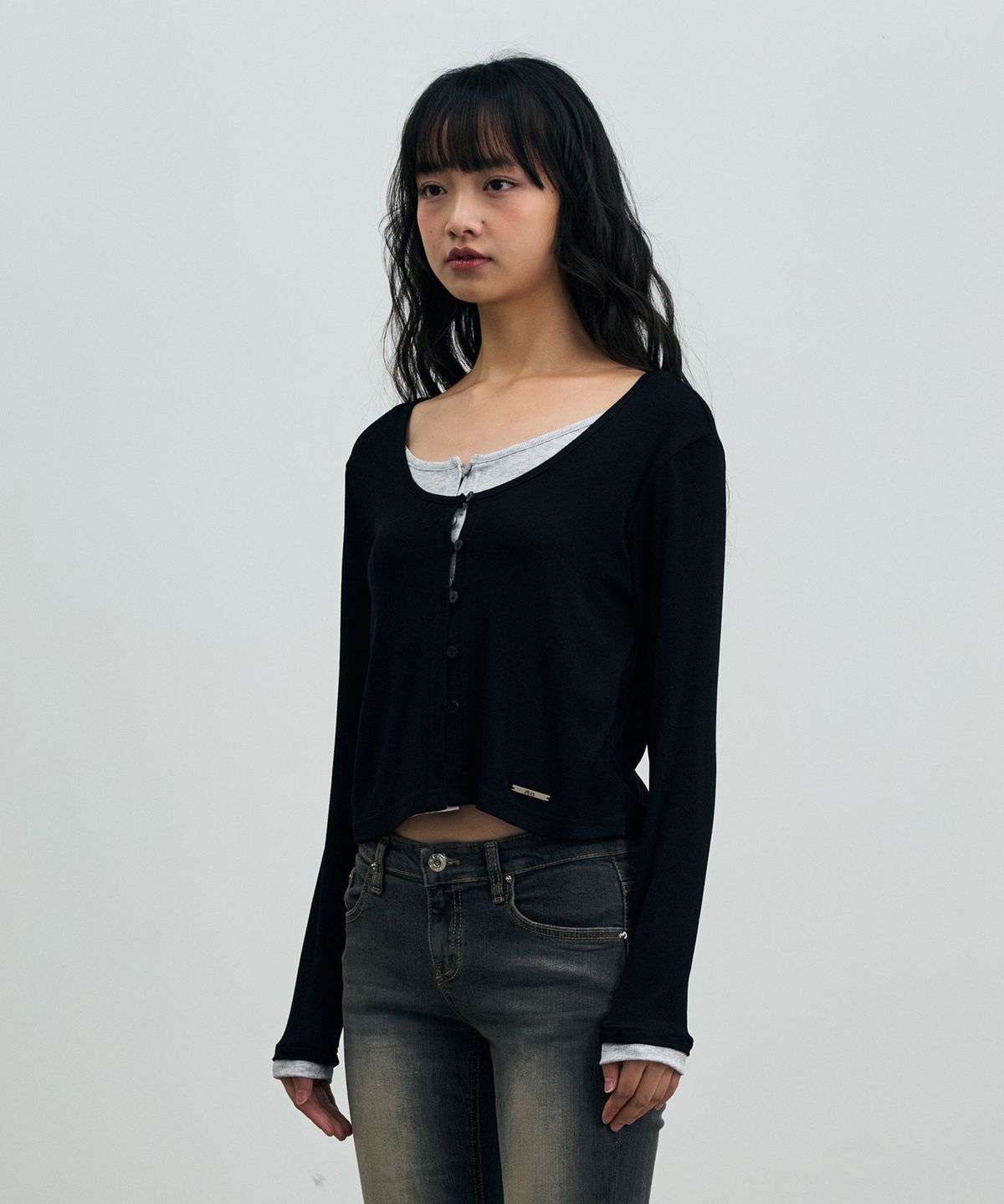 아리킴(ARIKIM) LYLA LAYERED CARDIGAN / BLACK-MELANGE