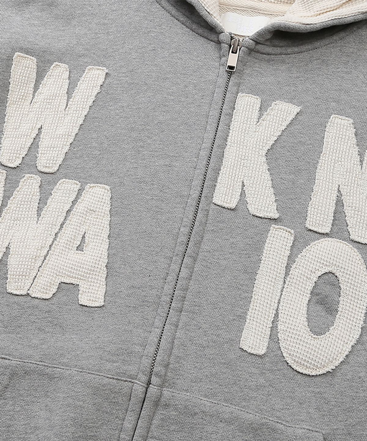 이이이알알알(EEERRR) Weekend warrior waffle applique hoodie zip-up (Melange)