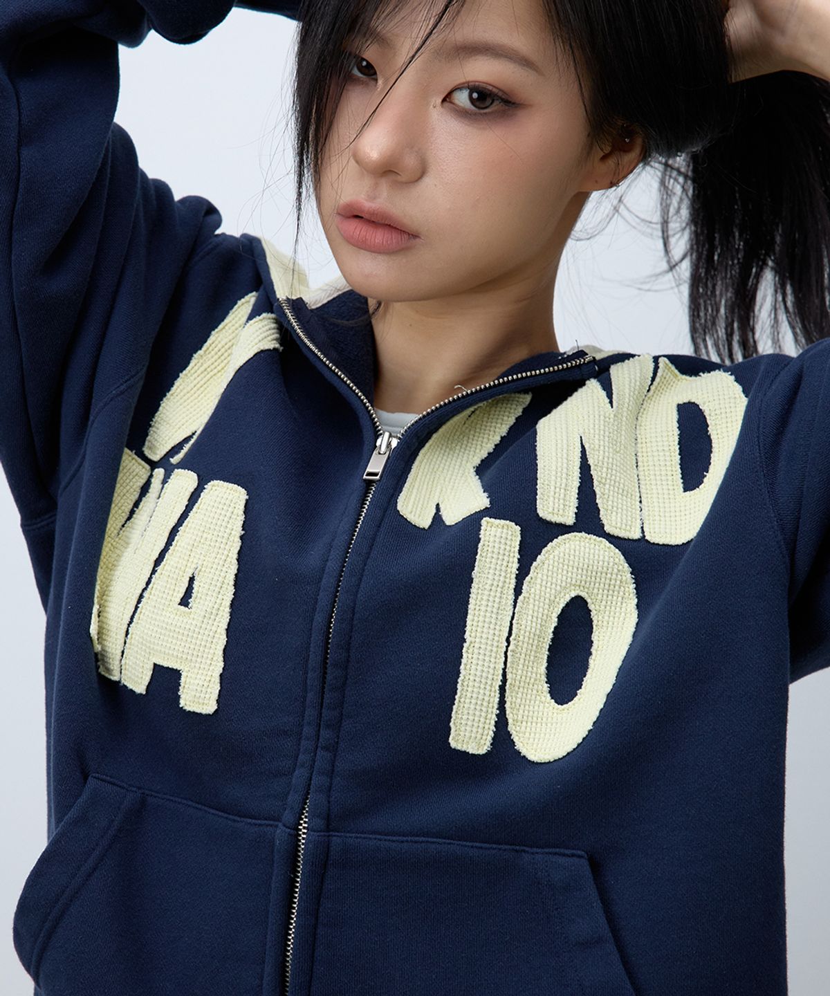 이이이알알알(EEERRR) Weekend warrior waffle applique hoodie zip-up (Navy)