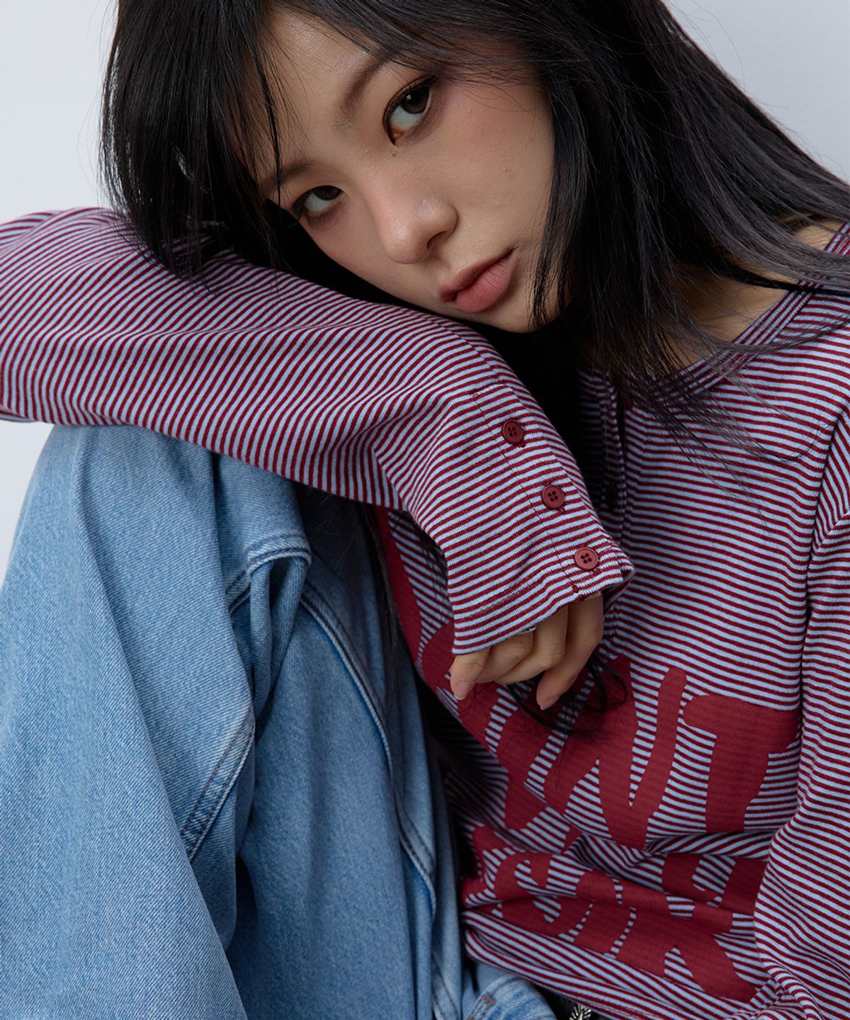 이이이알알알(EEERRR) Saint of desire stripe henry neck long sleeve (Burgundy)