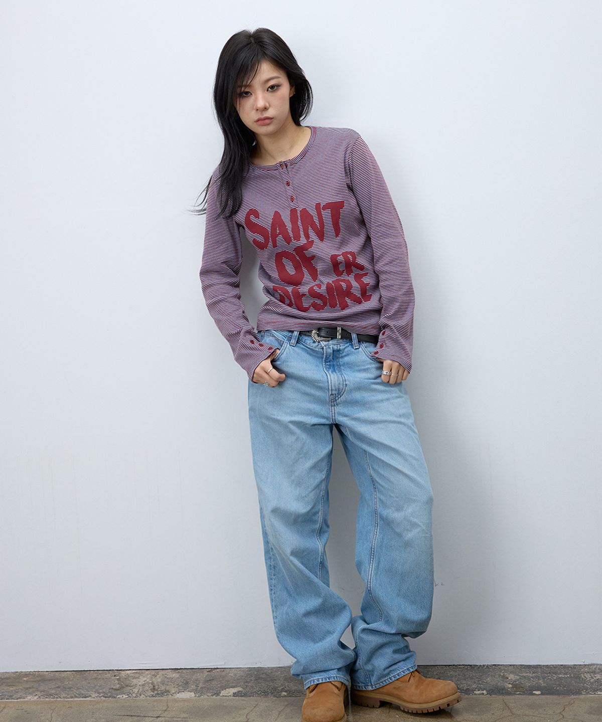 이이이알알알(EEERRR) Saint of desire stripe henry neck long sleeve (Burgundy)