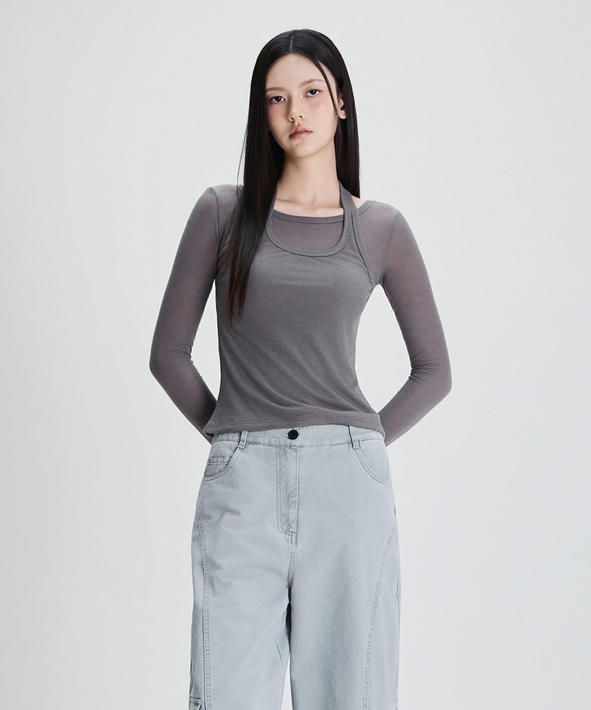 미쏘(MIXXO) 홀터넥 시스루 긴팔 티셔츠 RE LWF912C_MIWLWG31QA