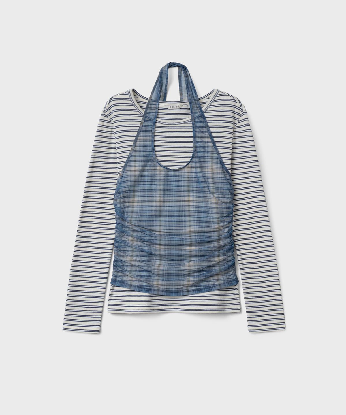 벨리에(BELIER) (W) 시어 체크 레이어드 티셔츠 - 컴플렉스 블루