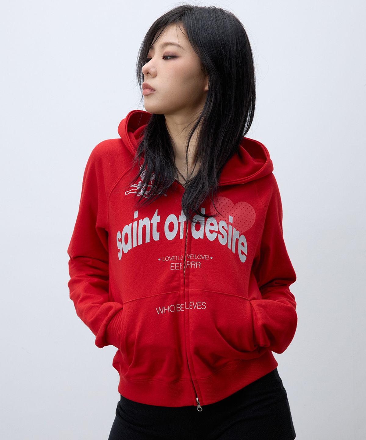 이이이알알알(EEERRR) Saint of desire cupid needlework woman hoodie zip-up (Red)