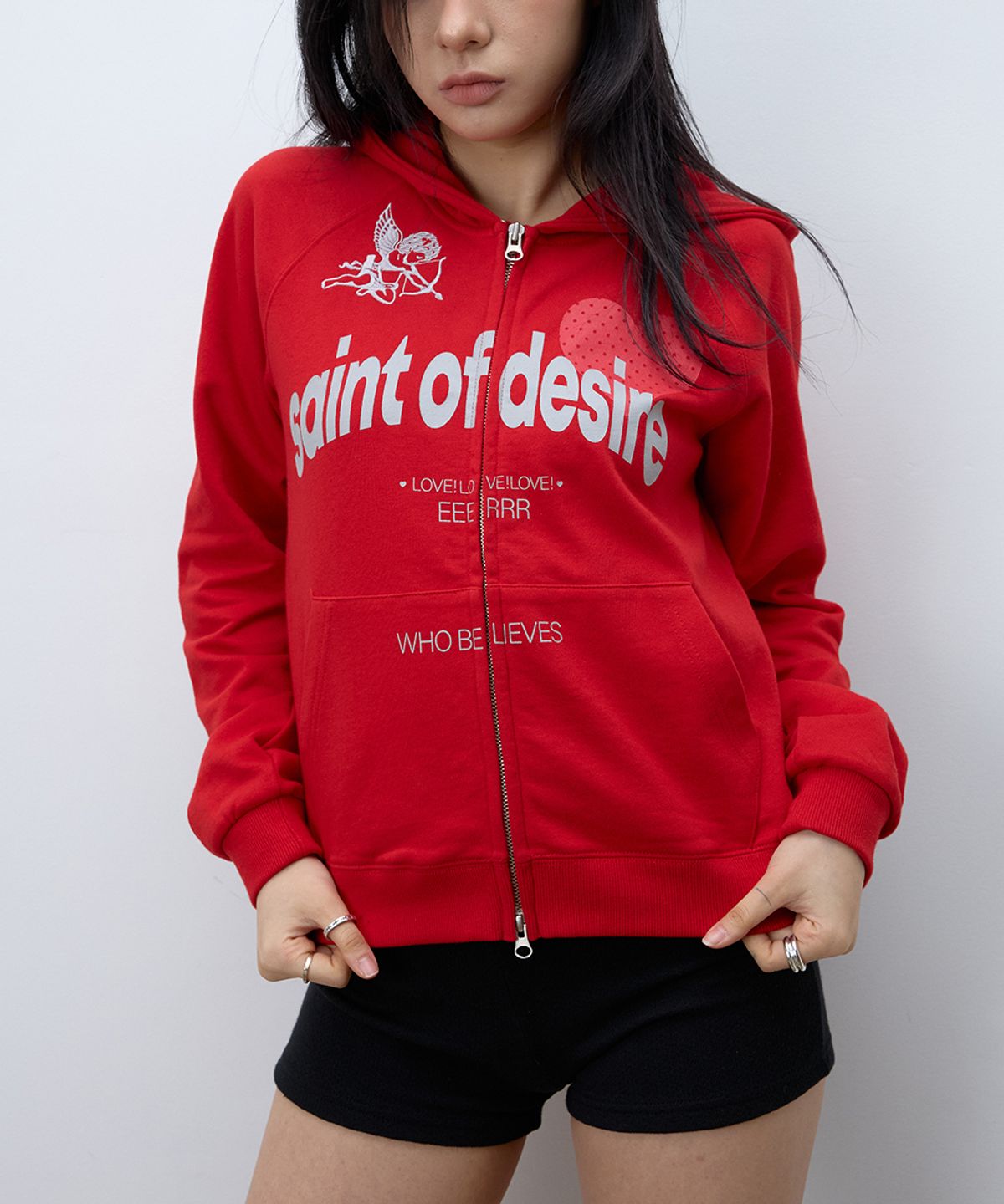 이이이알알알(EEERRR) Saint of desire cupid needlework woman hoodie zip-up (Red)