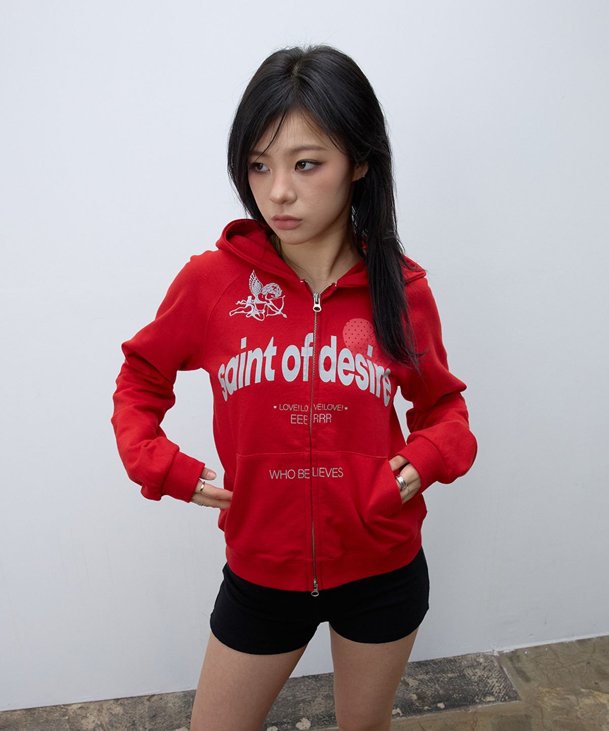 이이이알알알(EEERRR) Saint of desire cupid needlework woman hoodie zip-up (Red)
