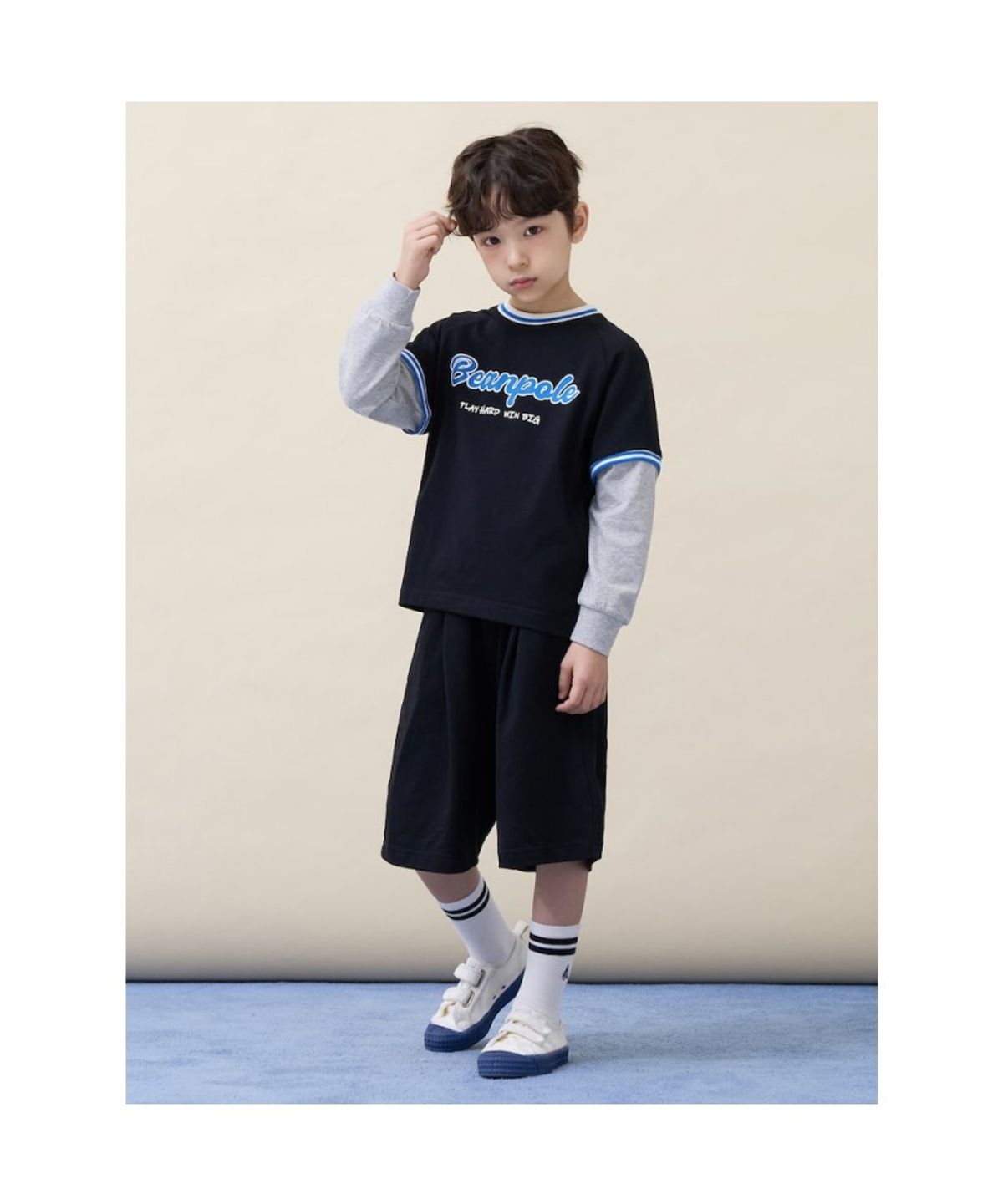 빈폴 키즈(BEANPOLE KIDS) 그래픽 레이어드 티셔츠 버뮤다 상하세트 - 블랙 (BI6241U045)