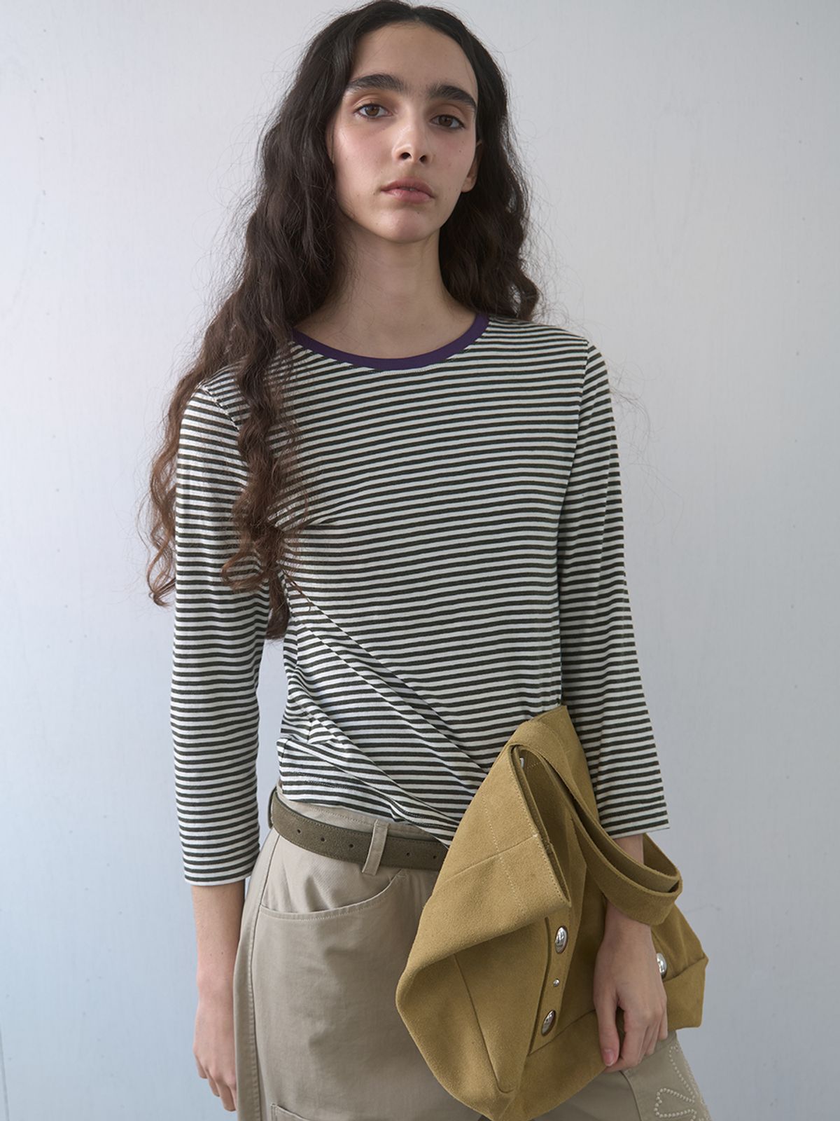 기준(KIJUN) Stripe Mid Sleeve Tee Khaki