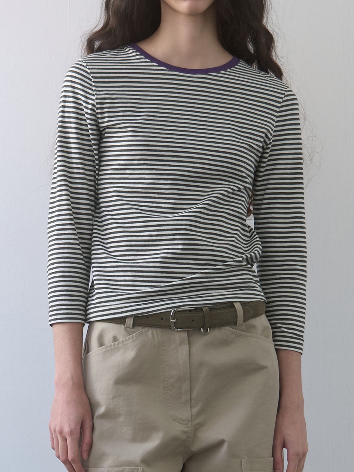 기준(KIJUN) Stripe Mid Sleeve Tee Khaki