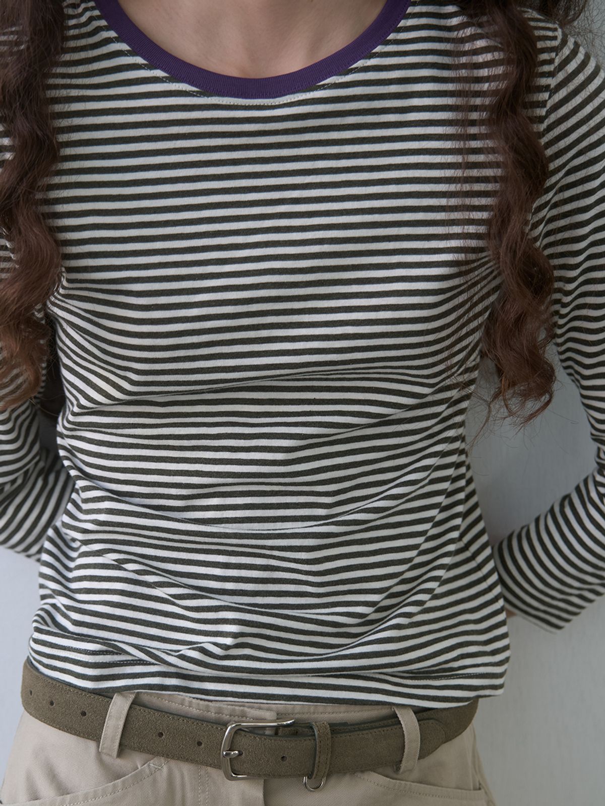 기준(KIJUN) Stripe Mid Sleeve Tee Khaki