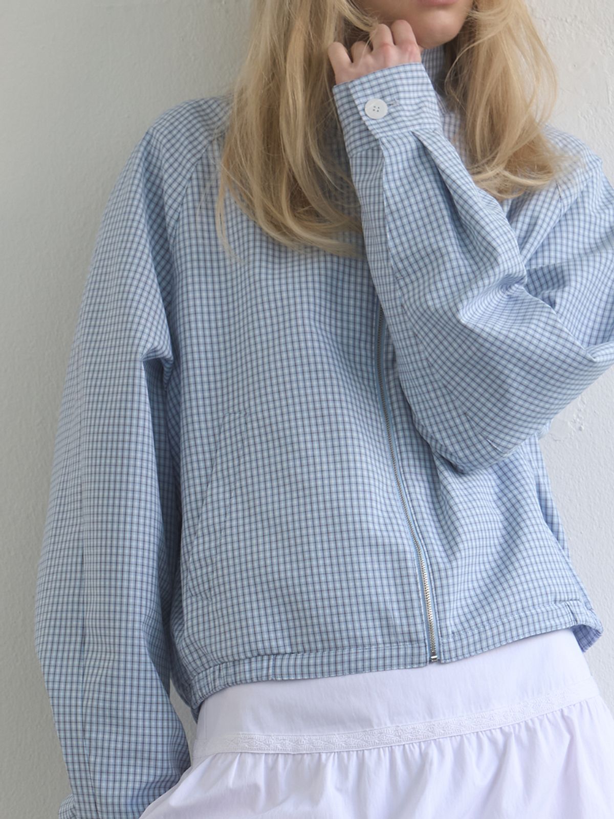 기준(KIJUN) Regular Check Blouson Sky Blue