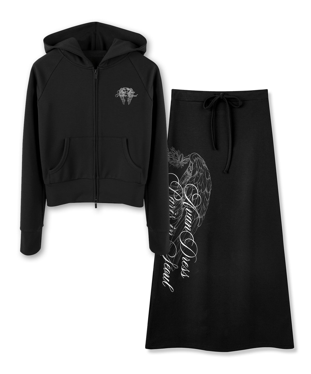 어반드레스(AVANDRESS) [SET] 다크 윙 크롭 후디 집업 + 하프 윙 그래픽 맥시 스커트