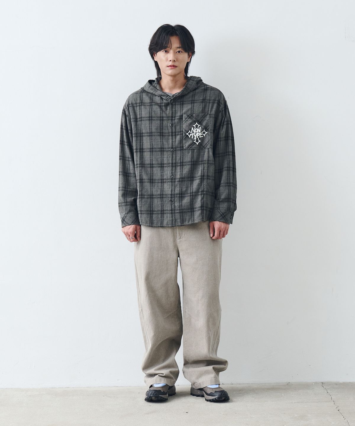 논타입(NONTYPE) CHECK HOODY SHIRTS (GREY)