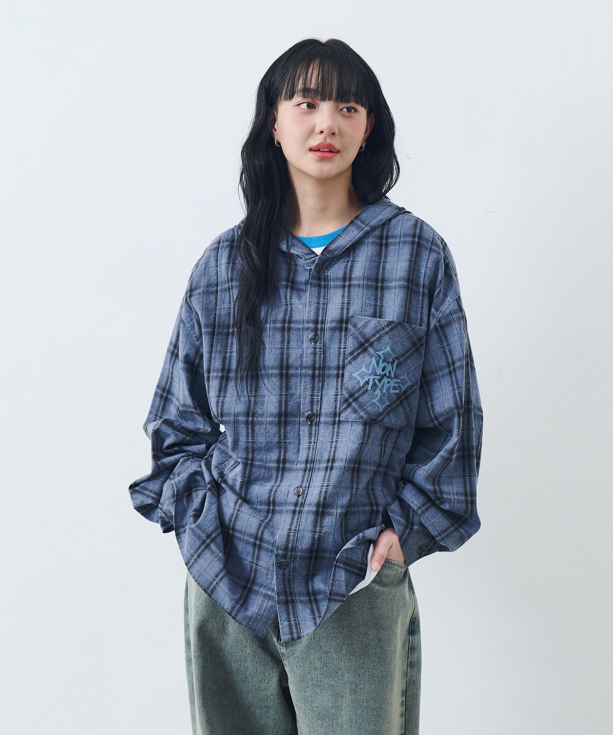 논타입(NONTYPE) CHECK HOODY SHIRTS (BLUE)