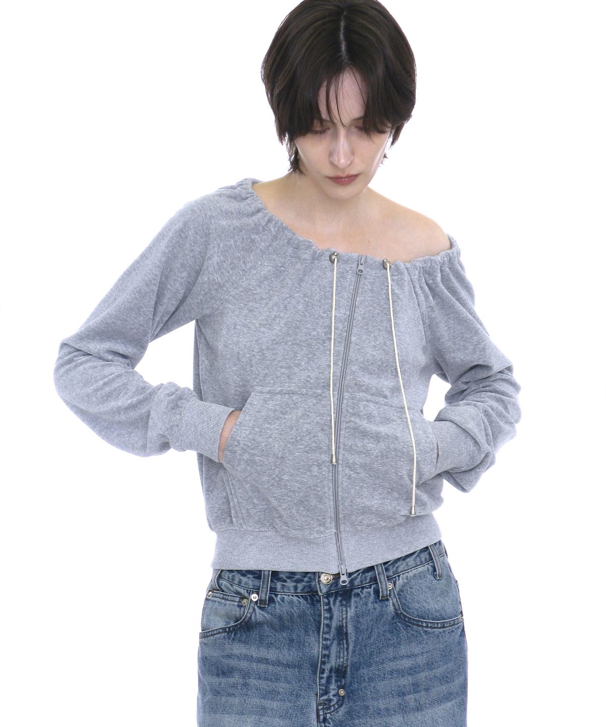 파르티멘토 우먼(PARTIMENTO WOMEN) 테리 드로스트링 오프숄더 집업 탑_멜란지