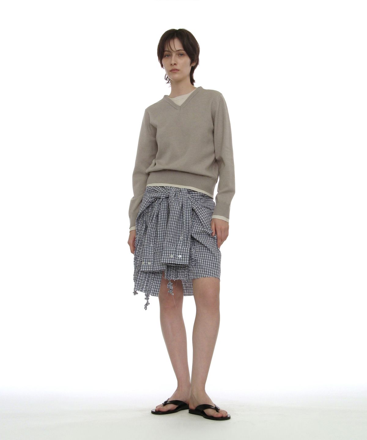 파르티멘토 우먼(PARTIMENTO WOMEN) 컬러블럭 더블 레이어드 니트 스웨터_라이트 그레이
