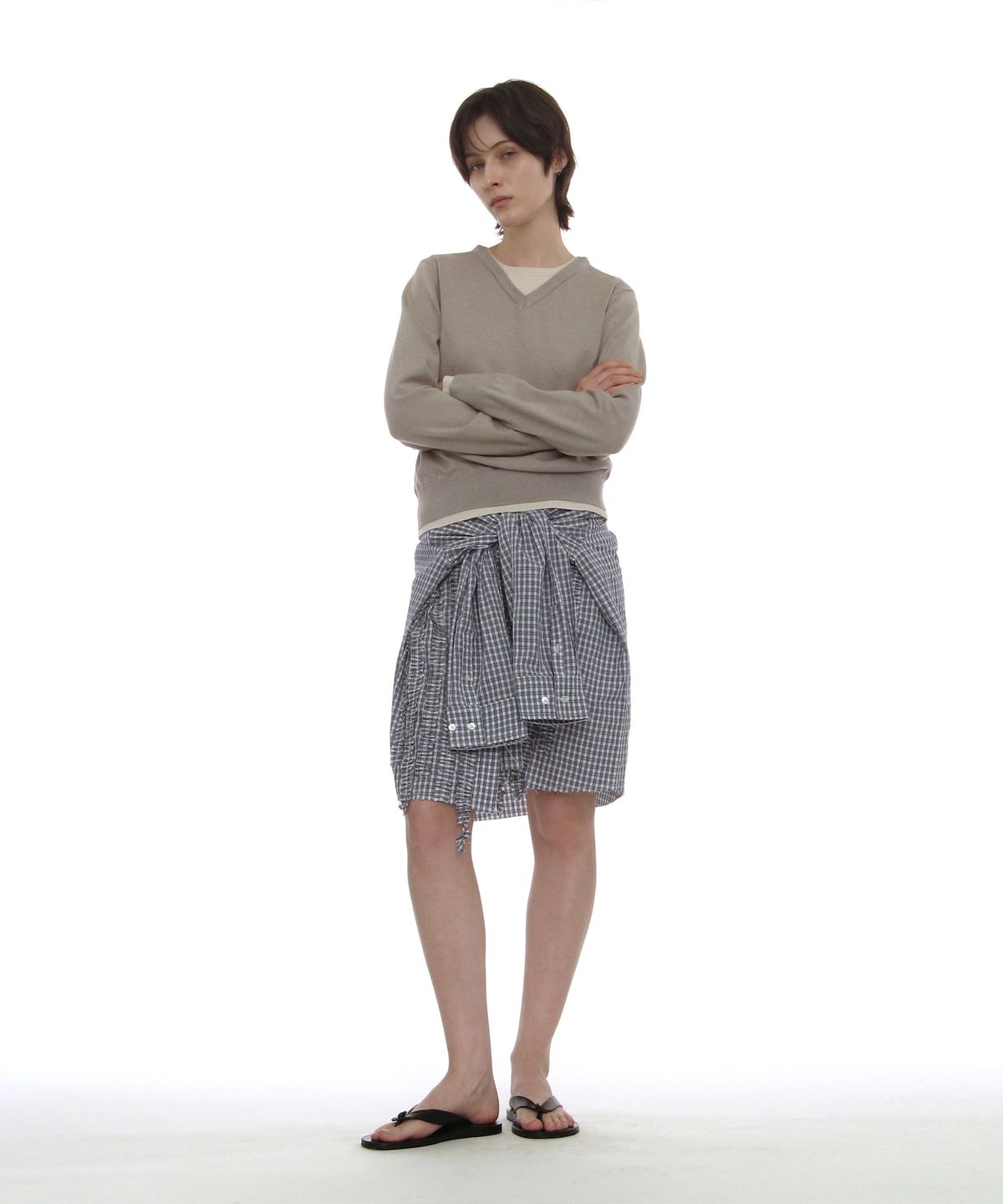 파르티멘토 우먼(PARTIMENTO WOMEN) 컬러블럭 더블 레이어드 니트 스웨터_라이트 그레이