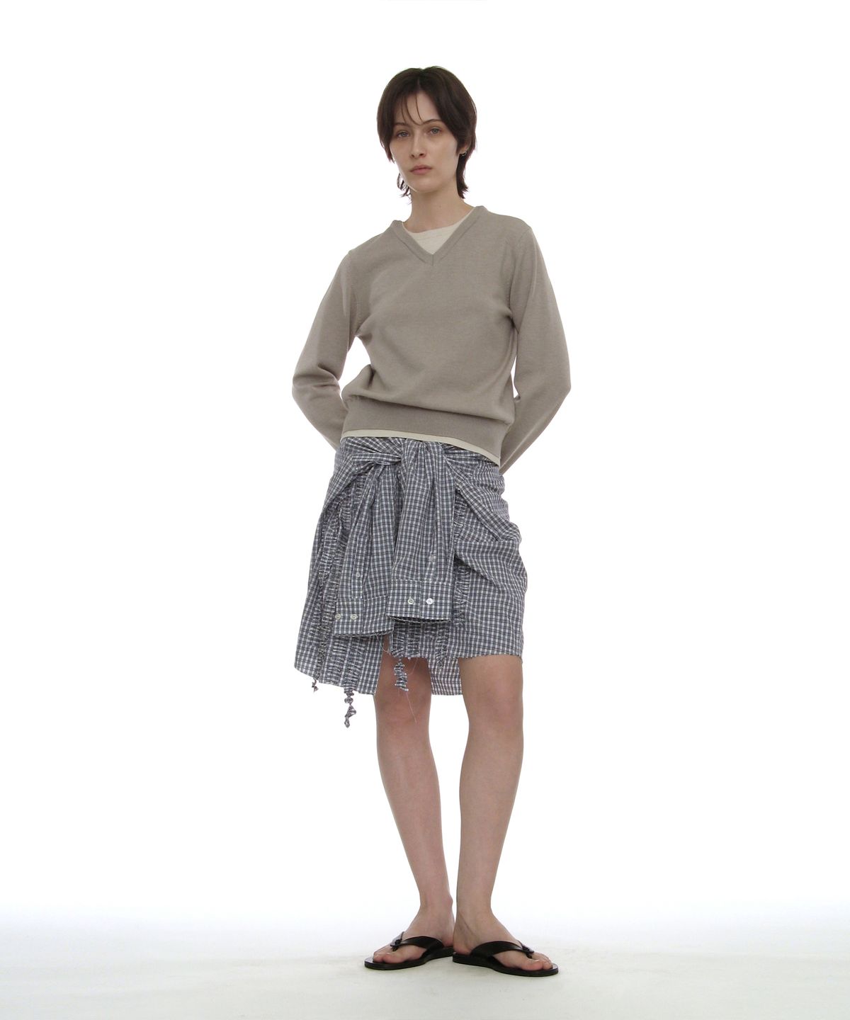 파르티멘토 우먼(PARTIMENTO WOMEN) 컬러블럭 더블 레이어드 니트 스웨터_라이트 그레이