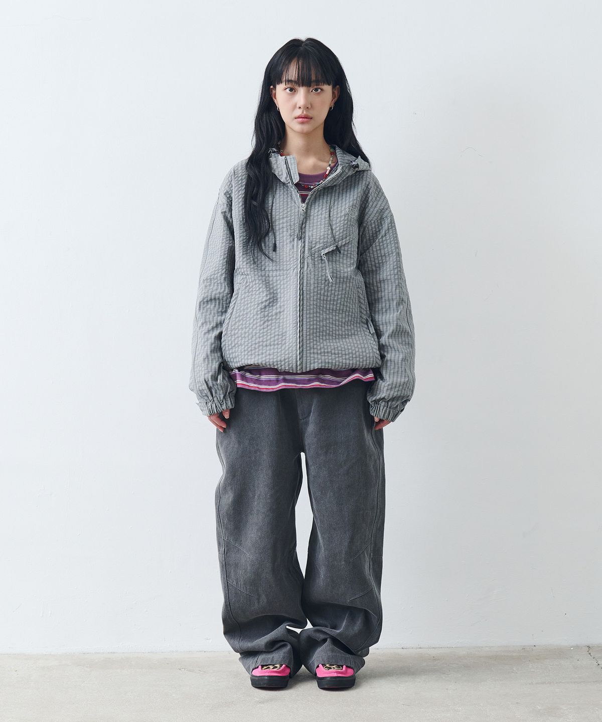 논타입(NONTYPE) DOUBLE DIAGONAL WIND JUMPER (CHECK GREY)