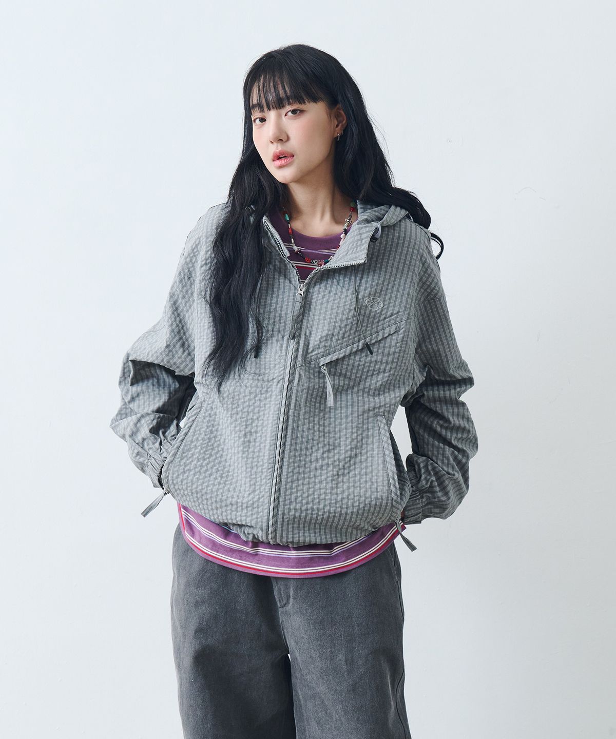 논타입(NONTYPE) DOUBLE DIAGONAL WIND JUMPER (CHECK GREY)
