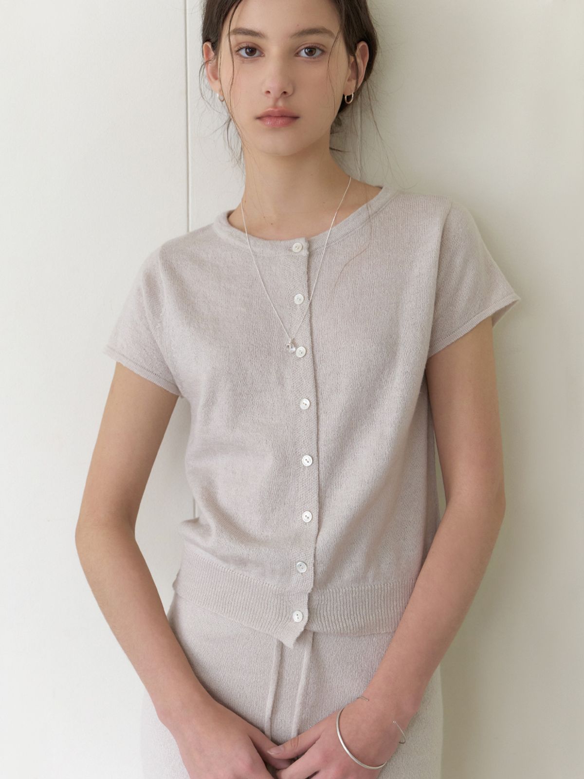리엘(RE L) Two-piece half cardigan (sand gray)