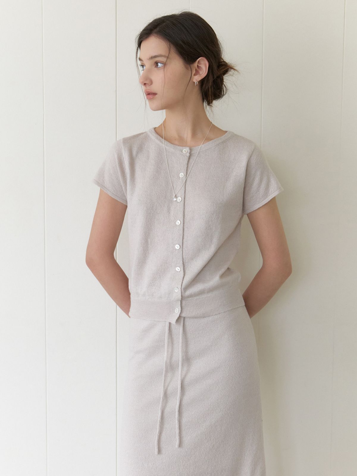 리엘(RE L) Two-piece half cardigan (sand gray)