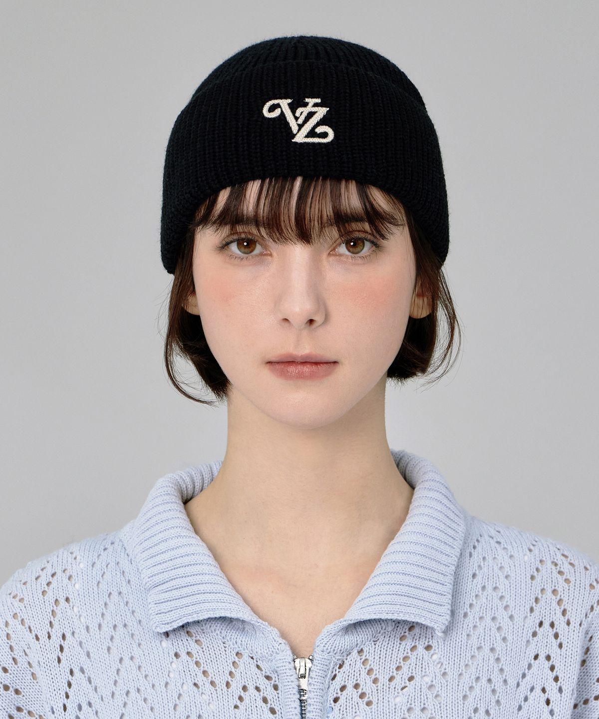 바잘(VARZAR) 리프 VZ 로고 워시드 비니 블랙