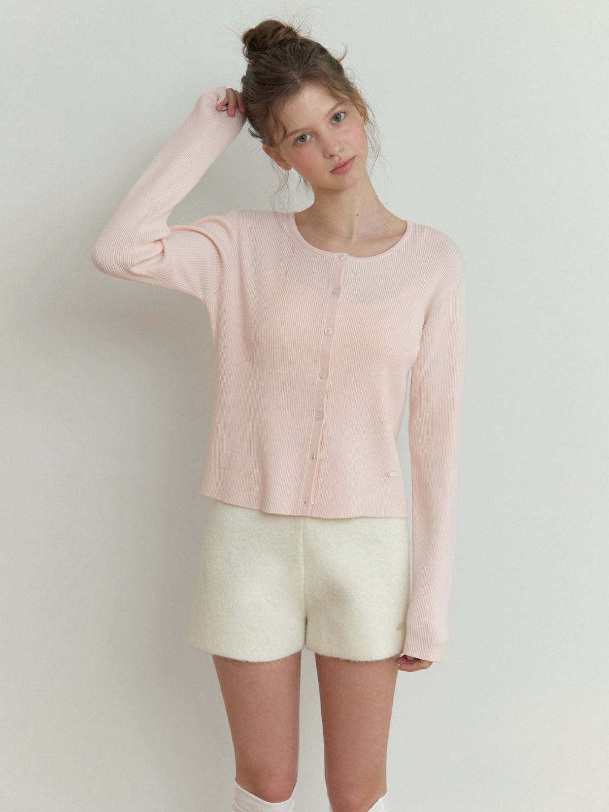 리엘(RE L) Owa round knit cardigan (powder pink)