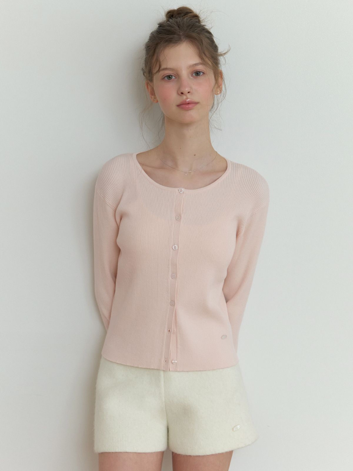 리엘(RE L) Owa round knit cardigan (powder pink)