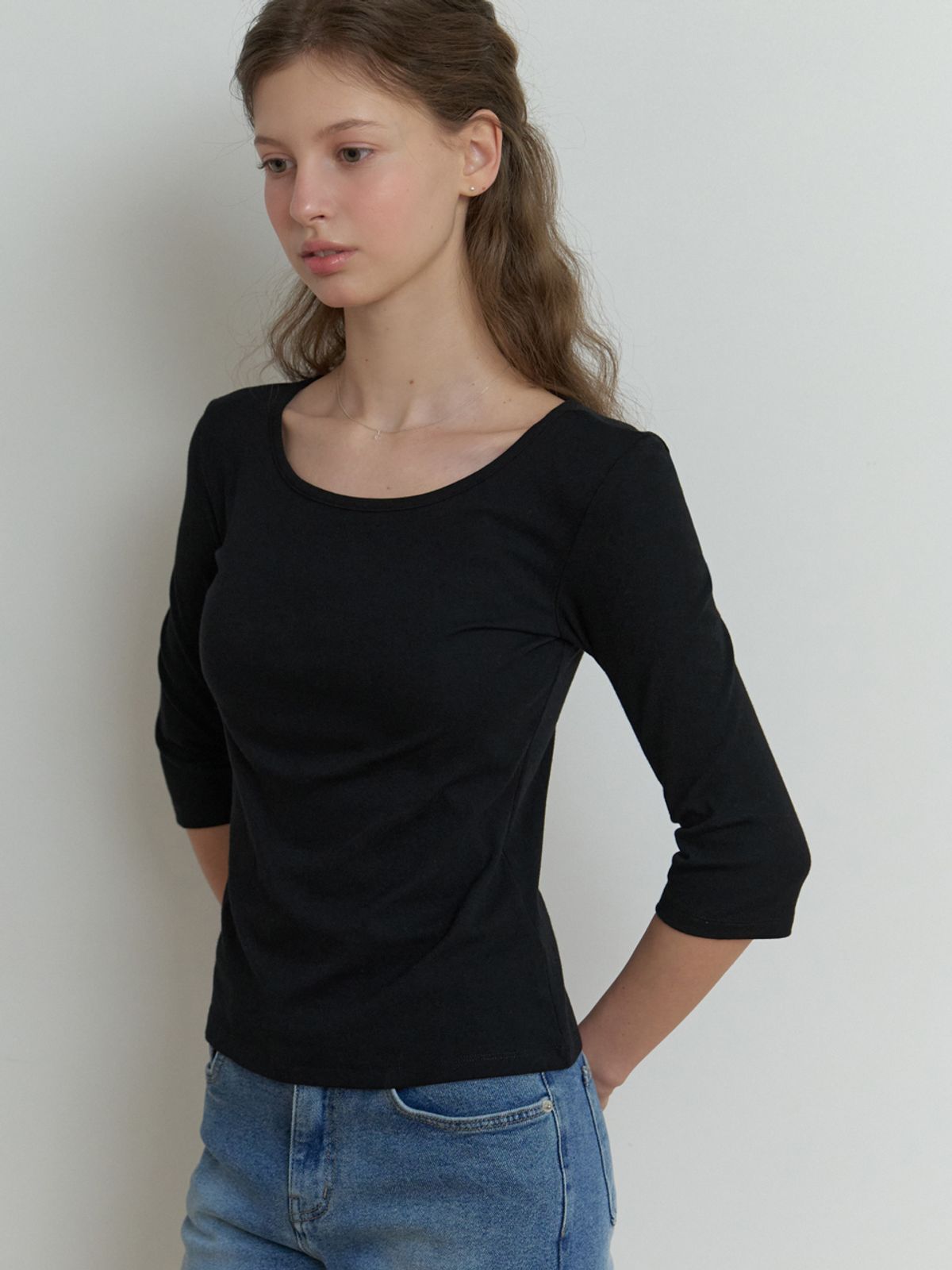 리엘(RE L) Hata 3/4 sleeve t-shirt (black)