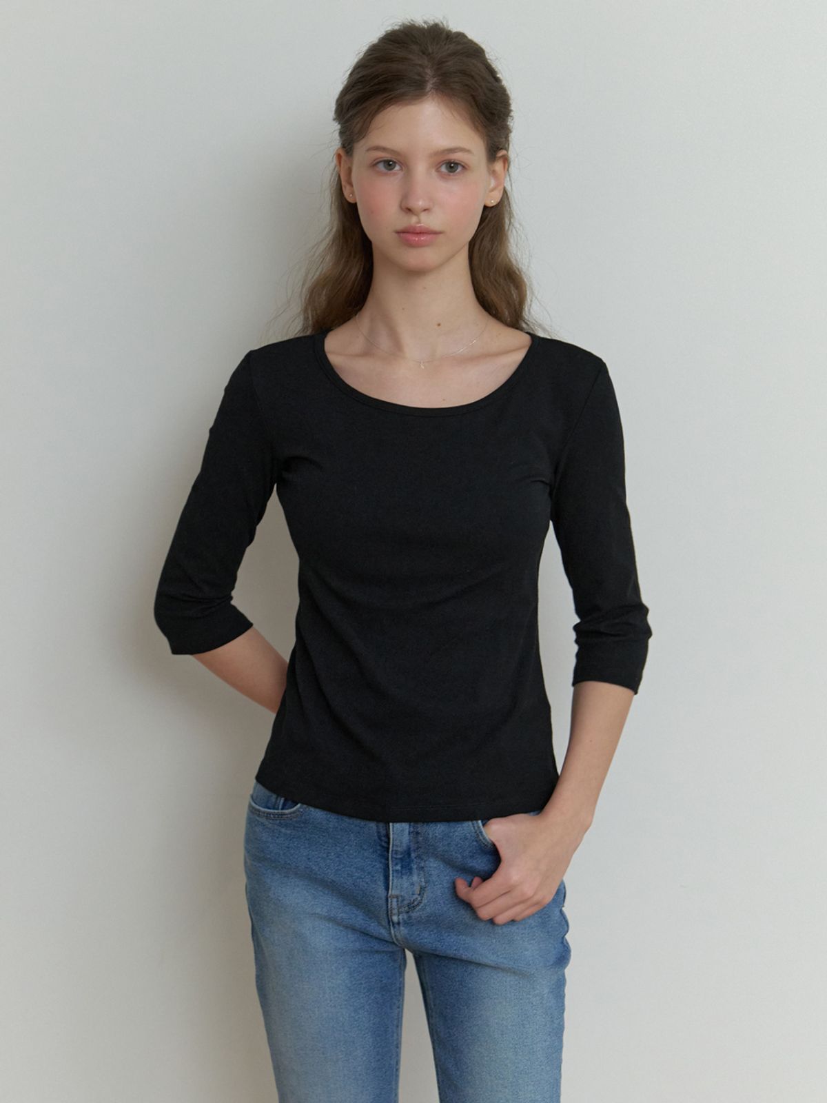 리엘(RE L) Hata 3/4 sleeve t-shirt (black)