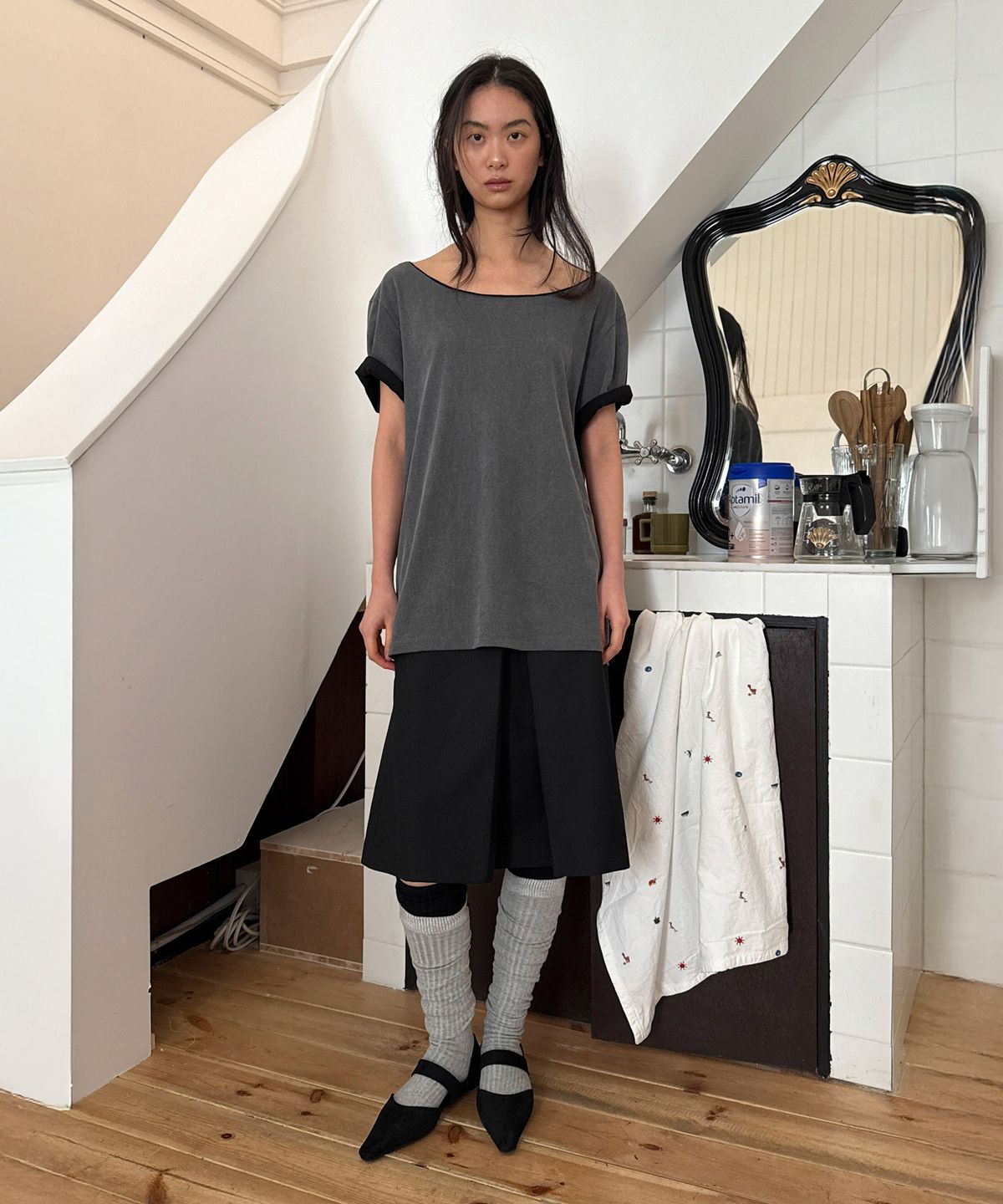 다이애그널(DIAGONAL) CUTTING LAYERED TEE (dark grey)