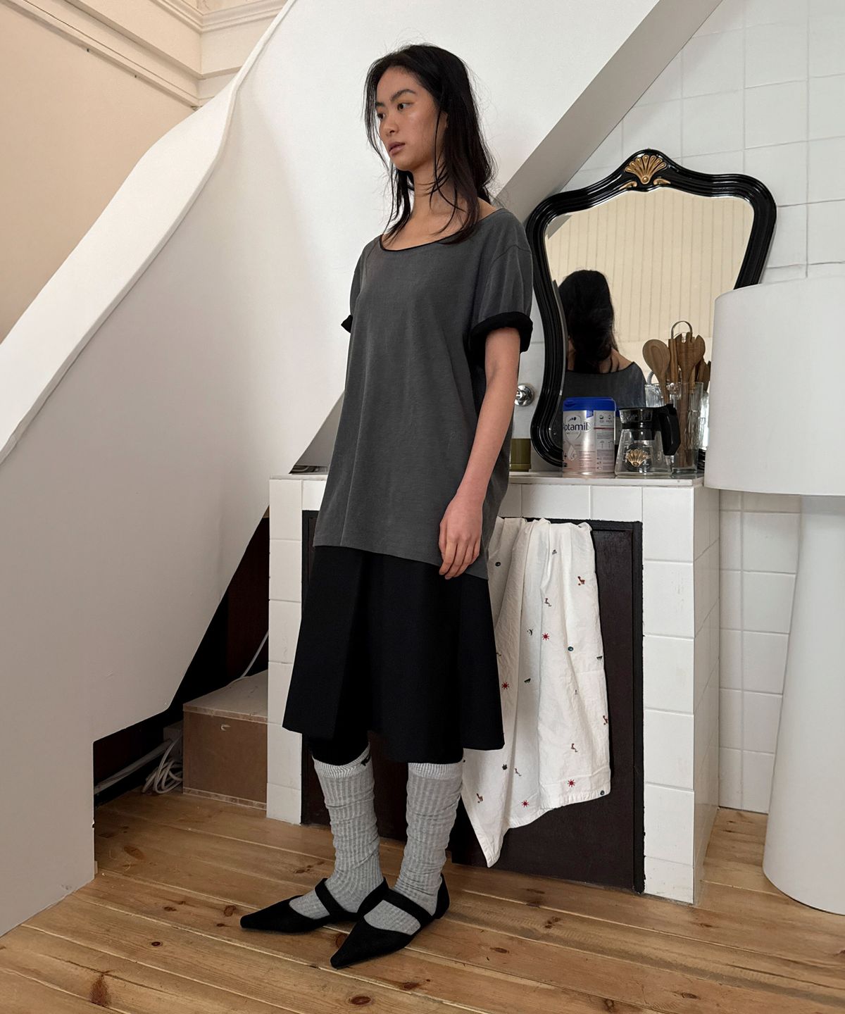 다이애그널(DIAGONAL) CUTTING LAYERED TEE (dark grey)