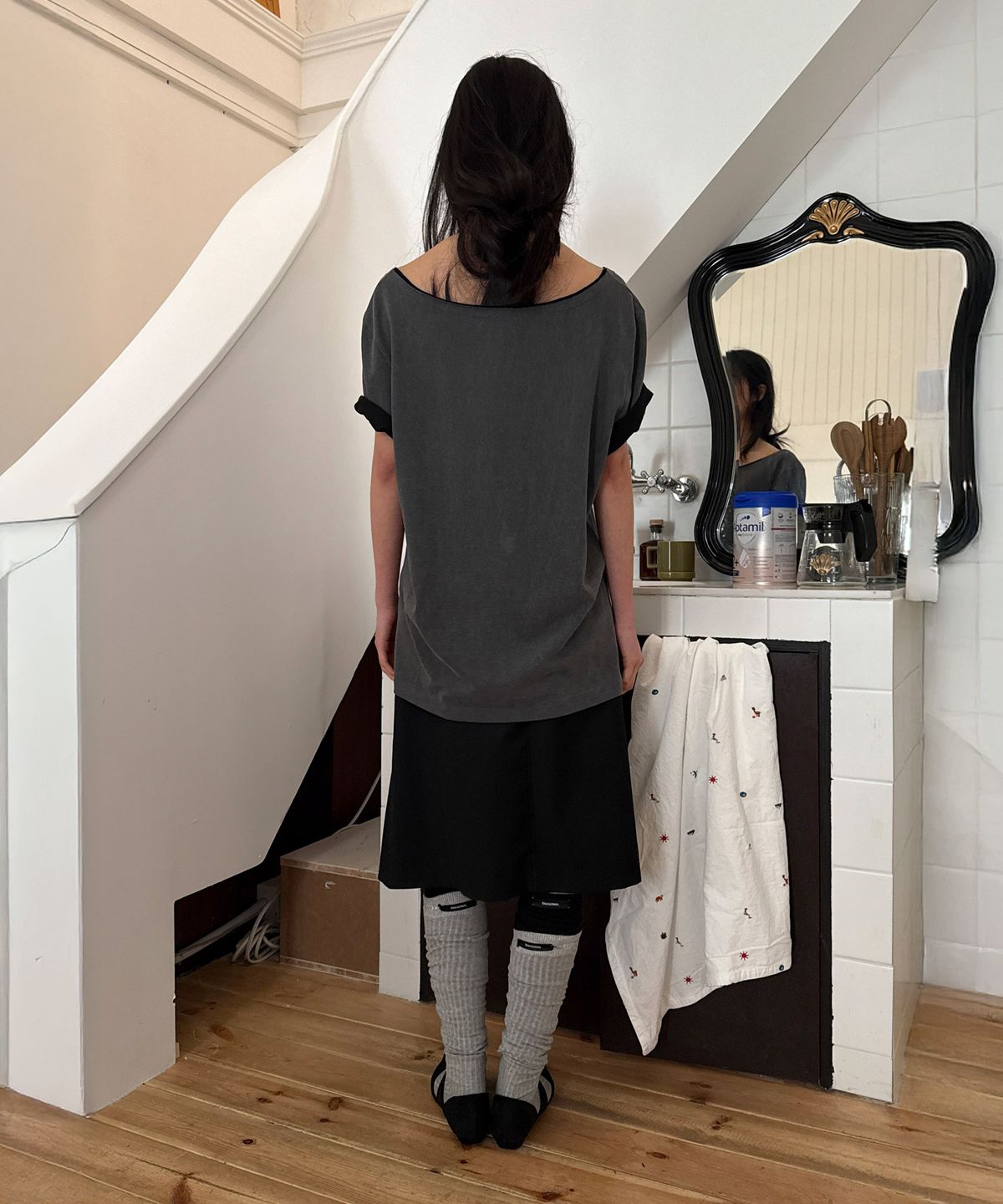 다이애그널(DIAGONAL) CUTTING LAYERED TEE (dark grey)