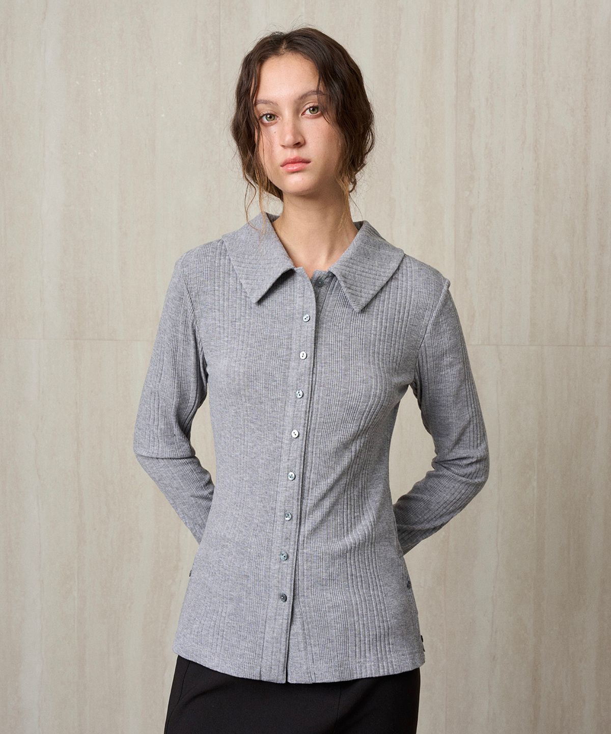 리이(RE RHEE) KNIT RIBBED SHIRT TOP MELANGE GRAY