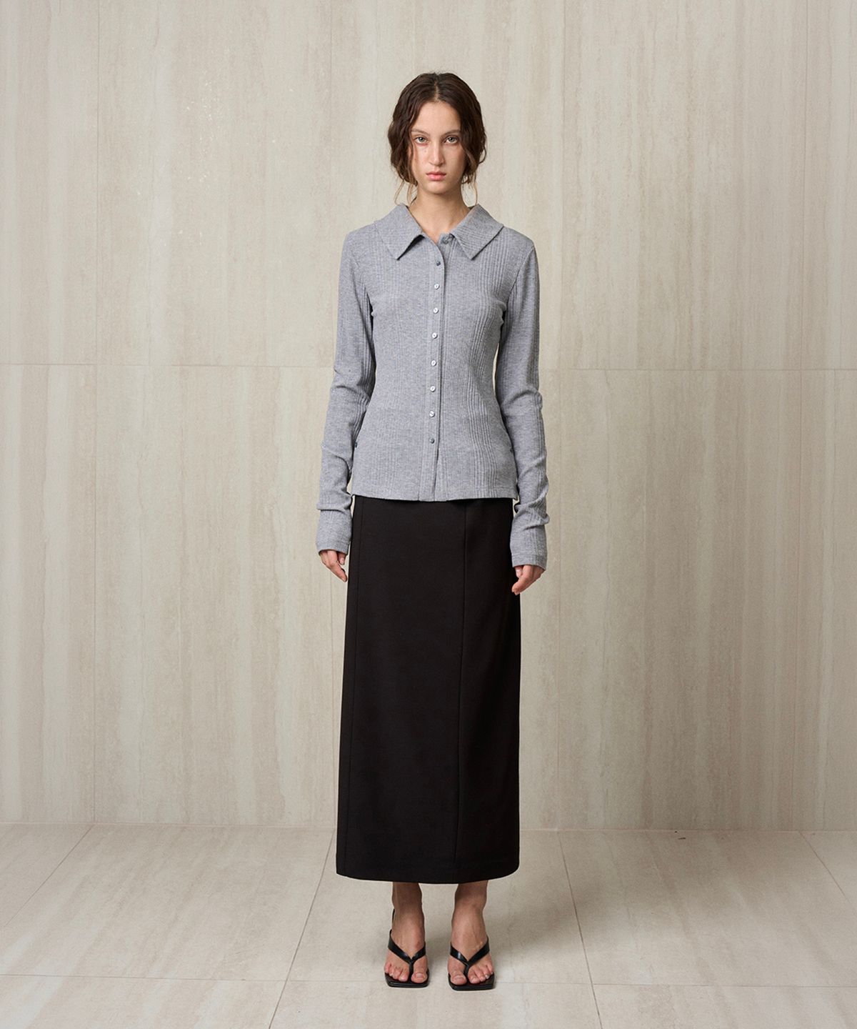 리이(RE RHEE) KNIT RIBBED SHIRT TOP MELANGE GRAY