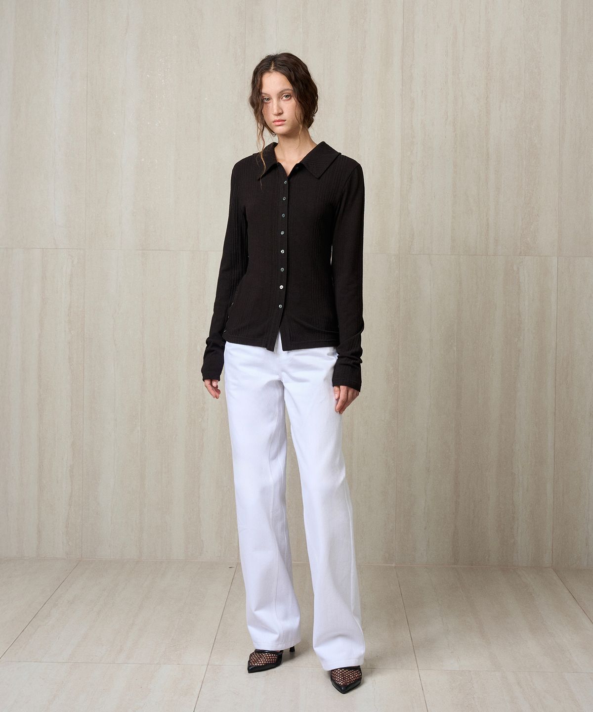 리이(RE RHEE) KNIT RIBBED SHIRT TOP BLACK