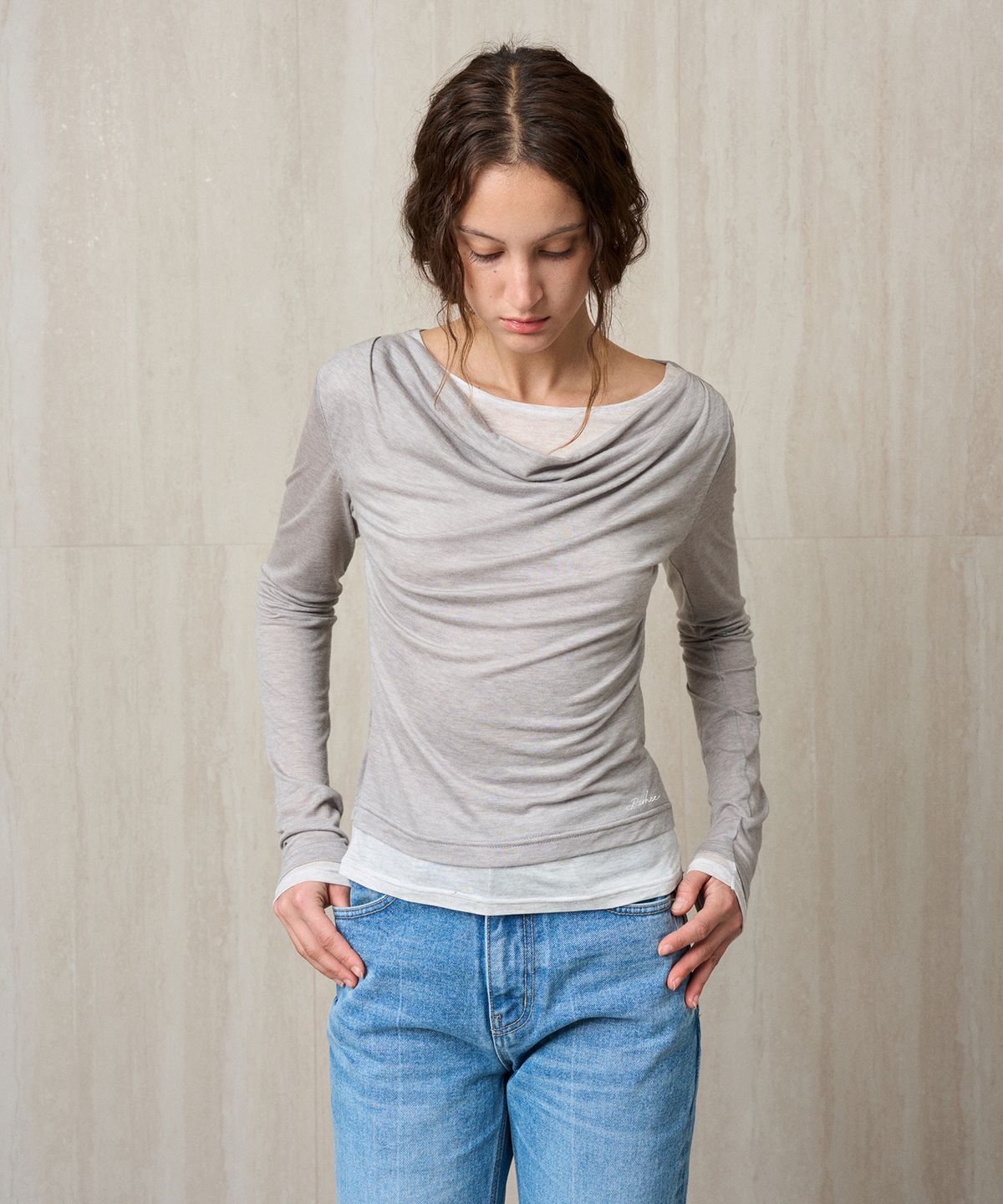 리이(RE RHEE) WOOL JERSEY LAYERED TOP MELANGE GRAY