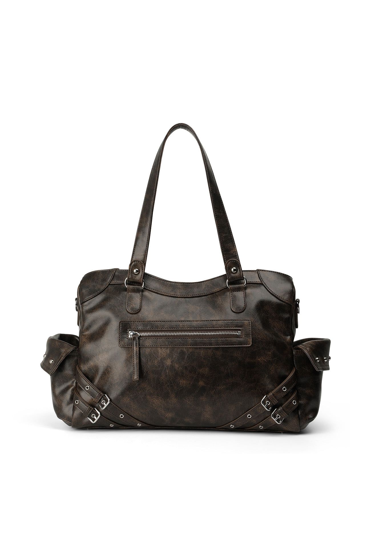 MUSINSA公式 | DEINET VINTAGE CRACK STUD POCKET BIG BAG IN DARK BROWN