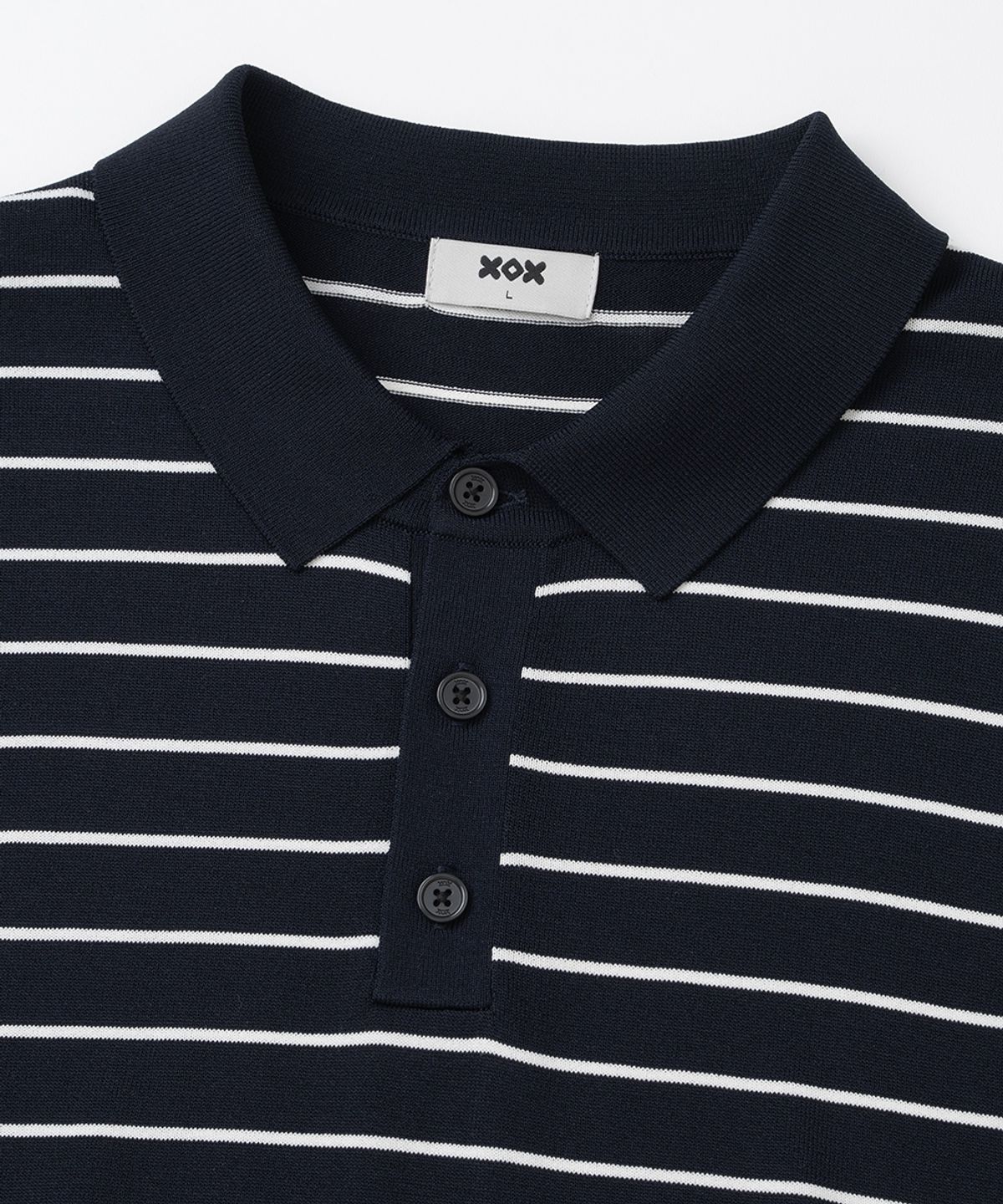 엑스오엑스(XOX) 버튼 카라 썸머 쿨 크롭 반팔 니트 [NAVY ST]