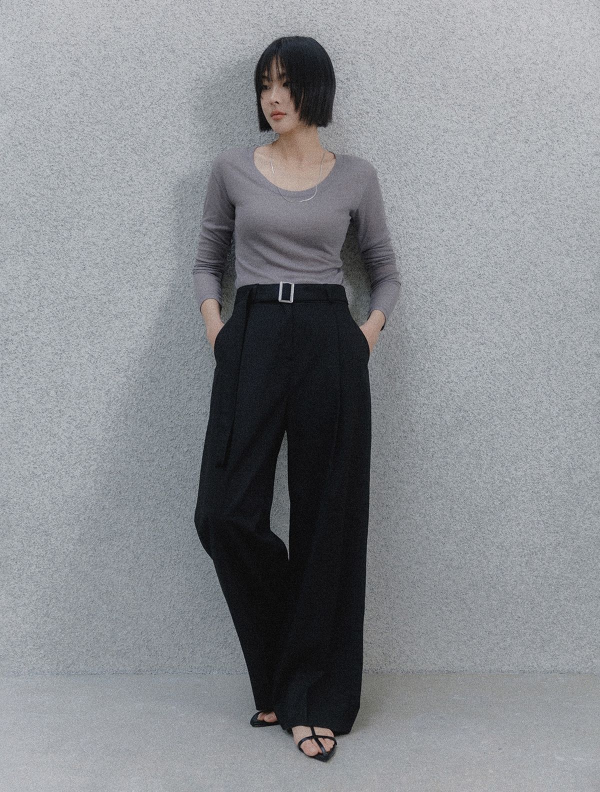 메무아(MEMUA) 리파인드 벨트 와이드 슬랙스(블랙)