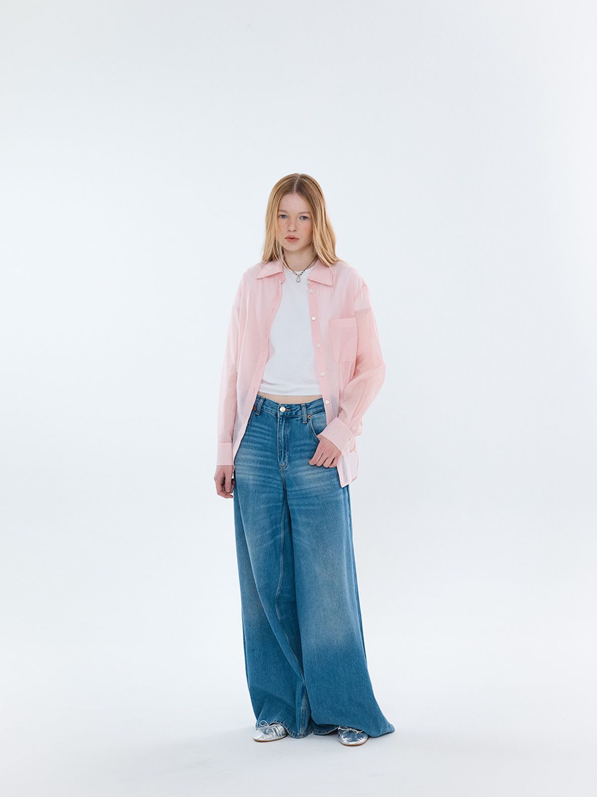 엘유브이엠(LUVM) SHEER STRIPE BELTED BLOUSE_LIGHT PINK