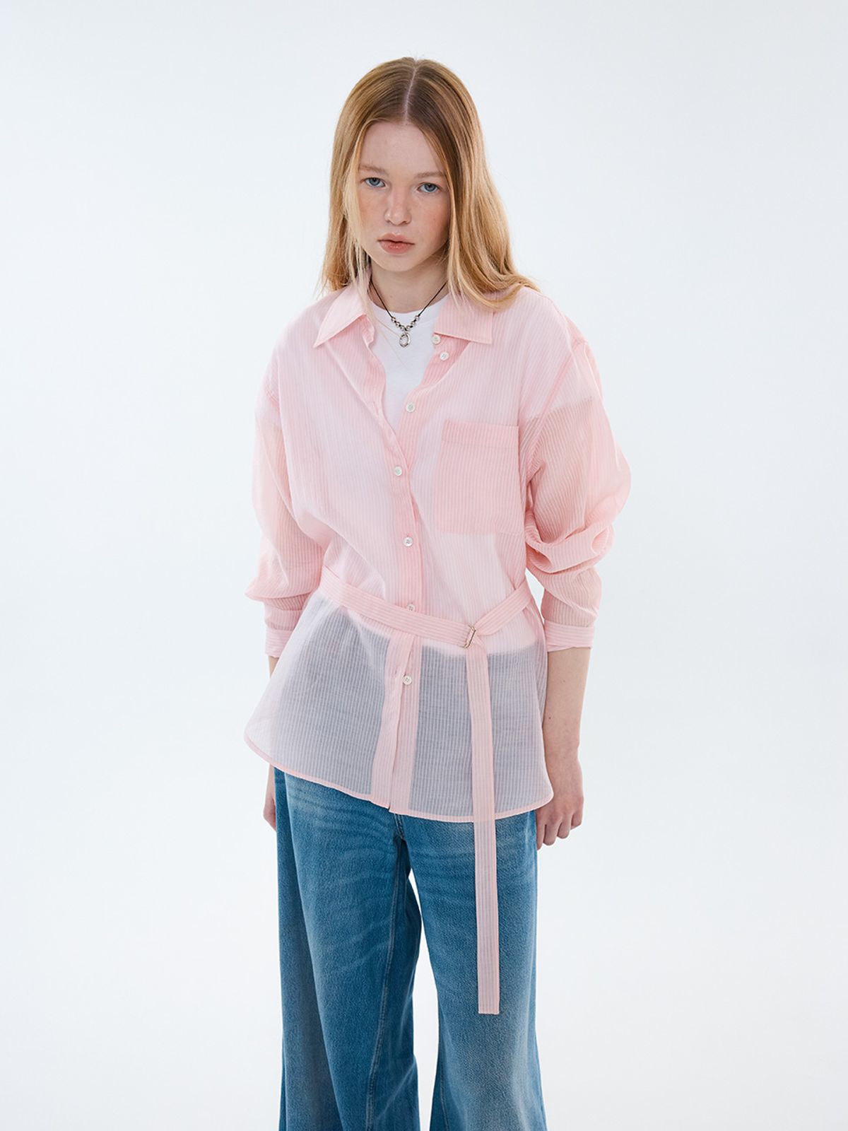 엘유브이엠(LUVM) SHEER STRIPE BELTED BLOUSE_LIGHT PINK