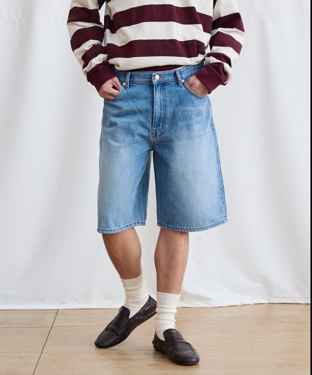 플라비즘(PLAVISM) Men Overcut Denim Shorts - Light blue