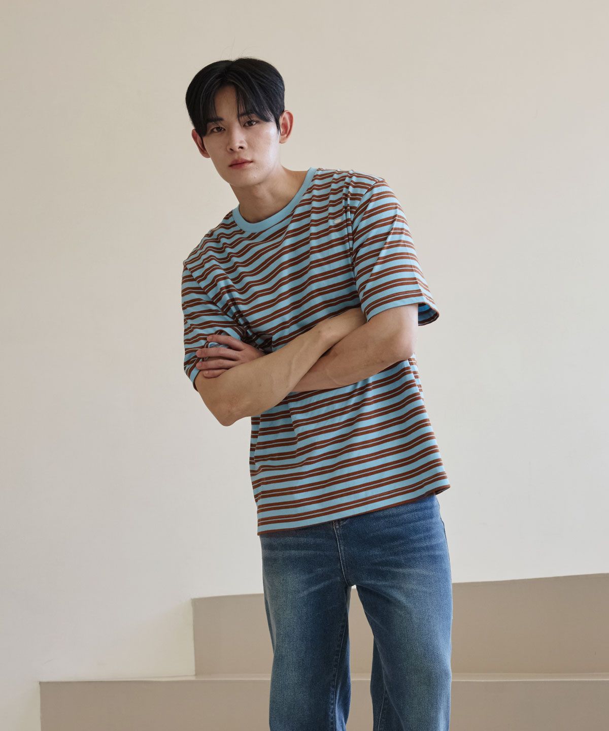 이븐시아(EVENCIA) 민트초코 스트라이프 숏슬리브 반팔티