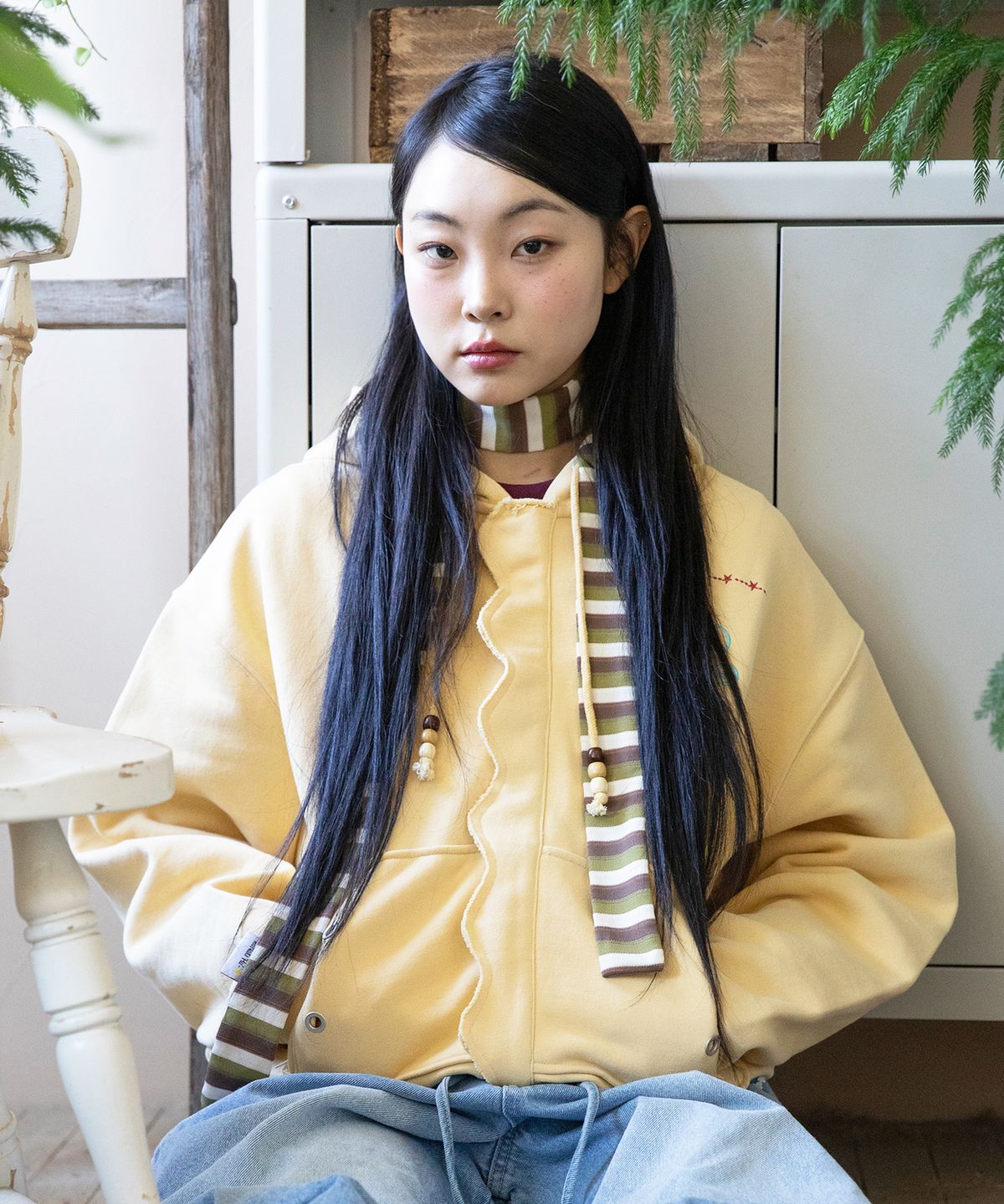 루나키후(RuNaKi'Hu') WXJ043 요하쿠 물결 아일렛 후드 집업 (CREAM YELLOW)