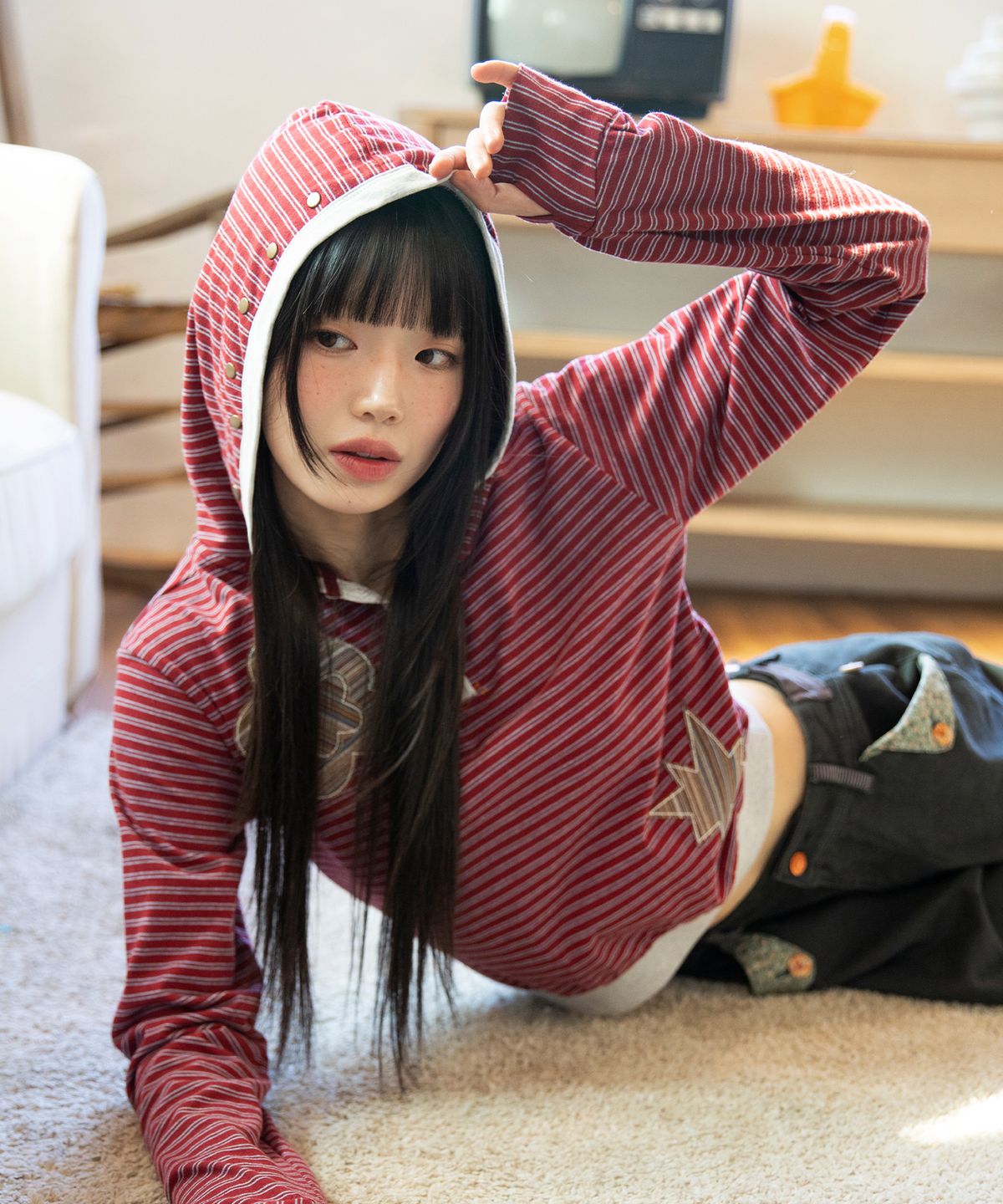 루나키후(RuNaKi'Hu') WXT092 코하네 스트라이프 후드 티셔츠 (RED)