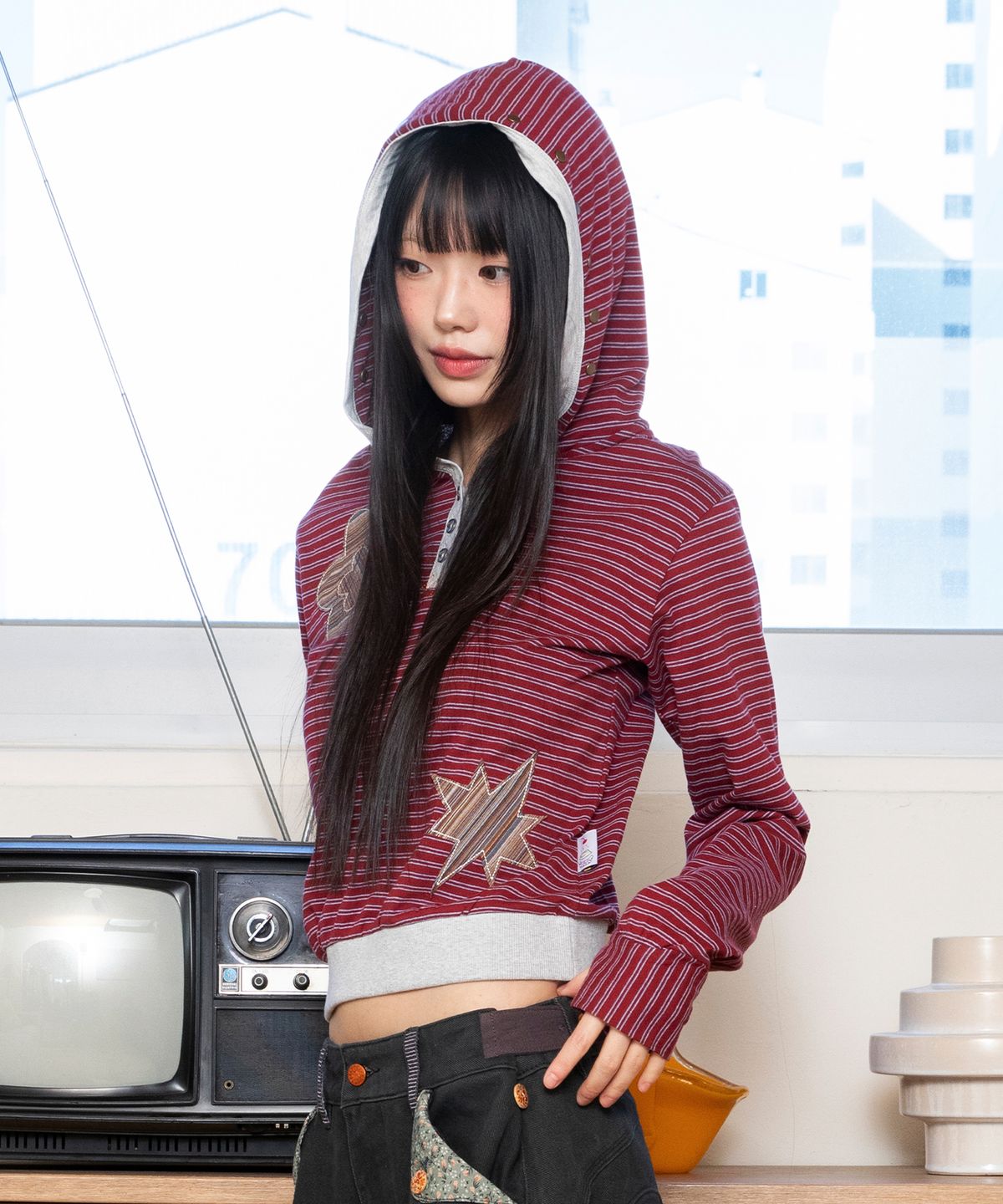 루나키후(RuNaKi'Hu') WXT092 코하네 스트라이프 후드 티셔츠 (RED)