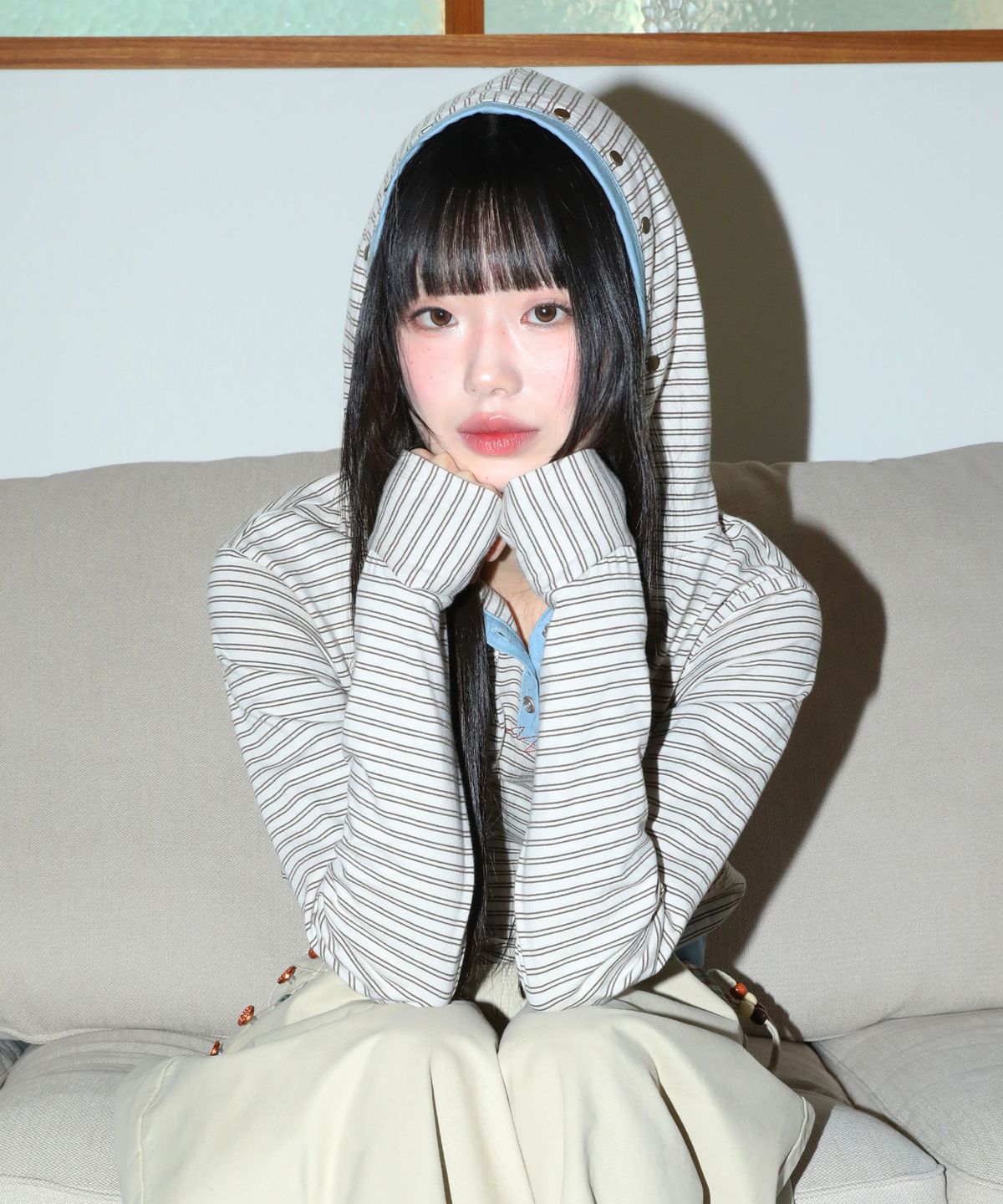 루나키후(RuNaKi'Hu') WXT092 코하네 스트라이프 후드 티셔츠 (IVORY)