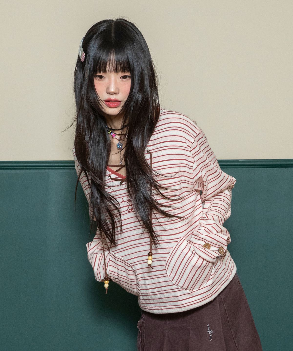루나키후(RuNaKi'Hu') WXT084 나미 스트라이프 브이넥 롱슬리브 (PINK)